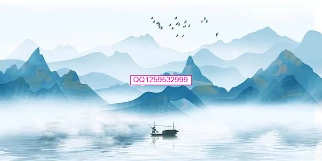 蓝色简约复古唯美泛舟山水展板背景